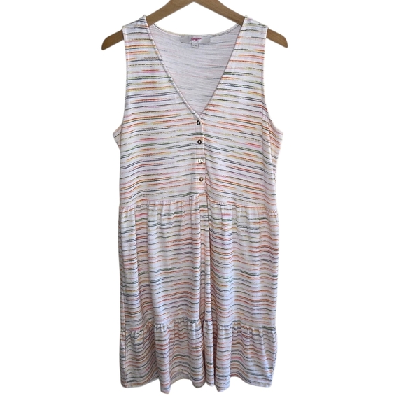 Loft | Colorful Striped Flounce Hem Button V-neck 100% Cotton Dress Size Medium - Picture 1 of 8